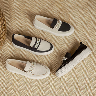 日系王妃鞋珍珠渔夫鞋2025单鞋针织编织鞋飞织平底一脚蹬乐福鞋女
