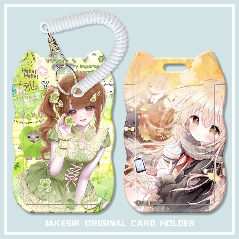 二次元古早漫画少女学生滑盖猫耳朵卡套饭卡公交身份证套弹簧绳