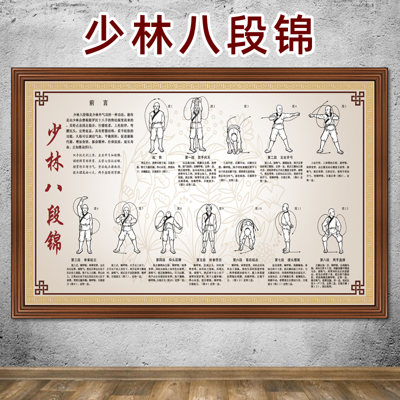 少林八段锦挂图中医养生文化海报健身五禽戏养生挂画养生馆壁画
