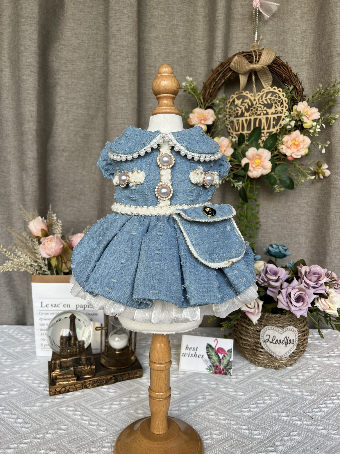 手工连身裙喵呜萌宠牛仔裙宠物狗