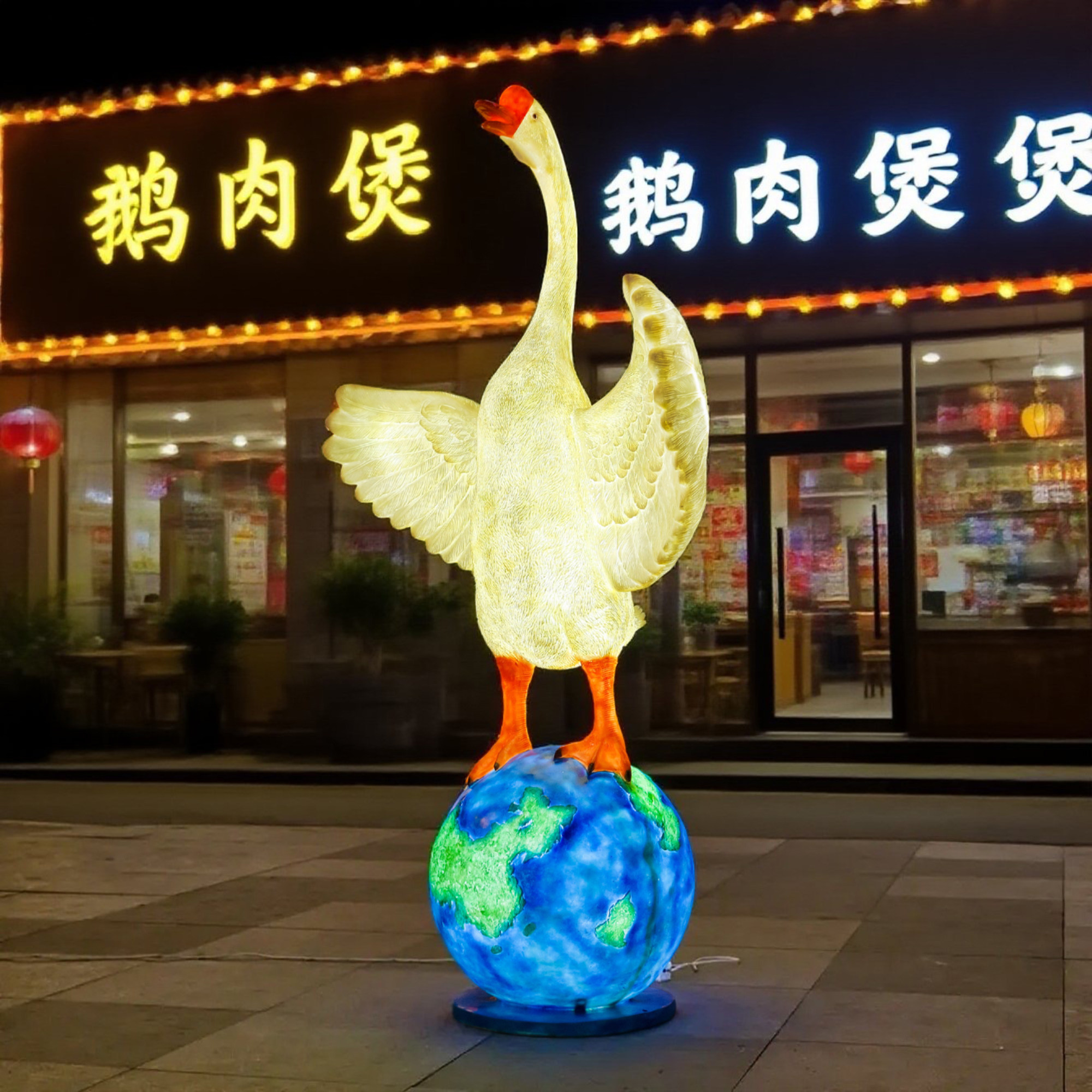 玻璃钢仿真大鹅鸭子迎宾摆件烤鸭烧鹅店门头装饰大型发光户外雕塑
