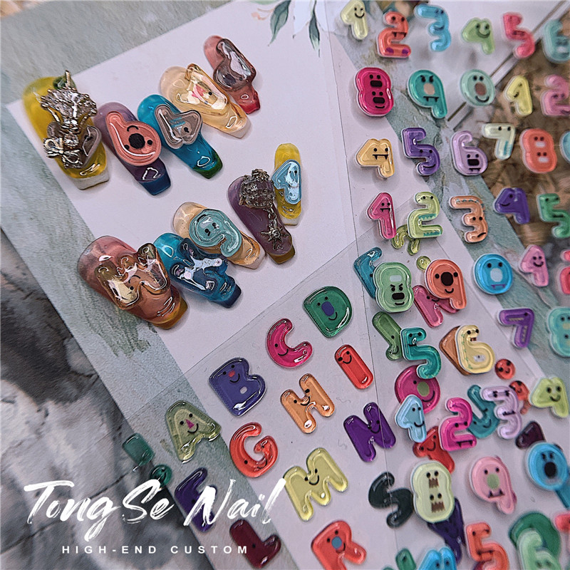 新款ins小红书水果数字美甲贴纸字母款薄背胶指甲贴花美甲店专用