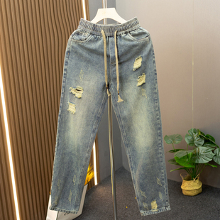 美式水洗破洞牛仔裤男潮流刮烂乞丐裤男款痞帅宽松直筒休闲长裤子