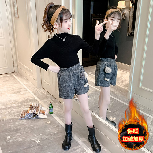 女童短裤秋冬外穿洋气毛呢靴裤