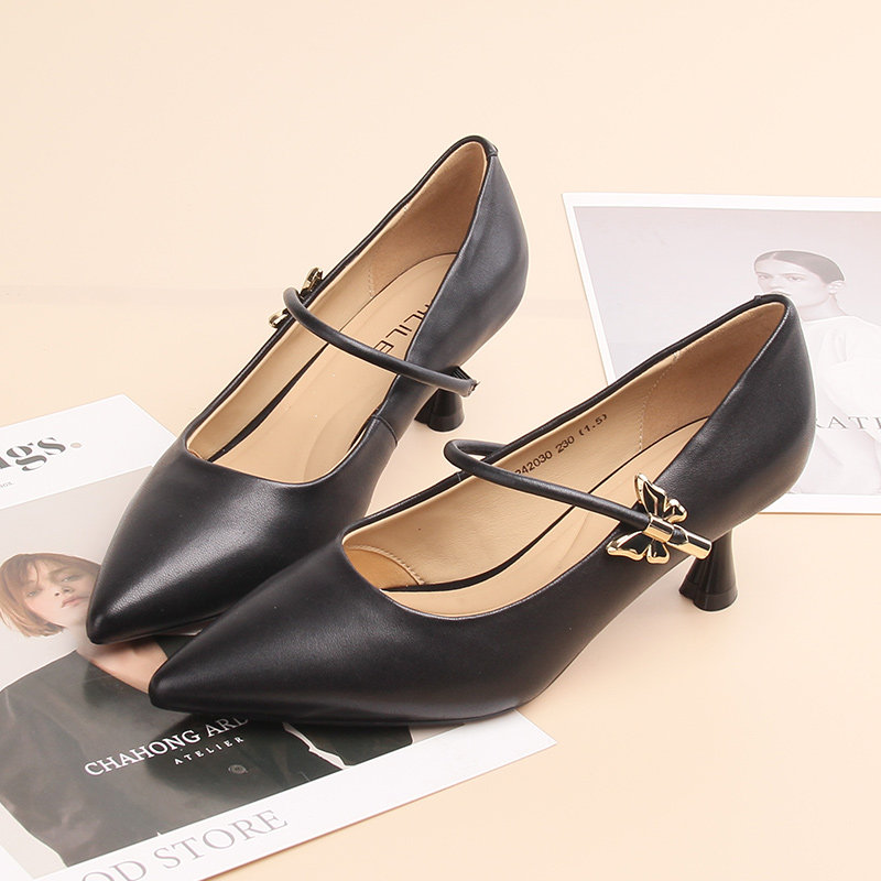 嘉俪多女韩版单鞋羊皮浅口尖头细中跟扣带蝴蝶结2025新款春季时尚