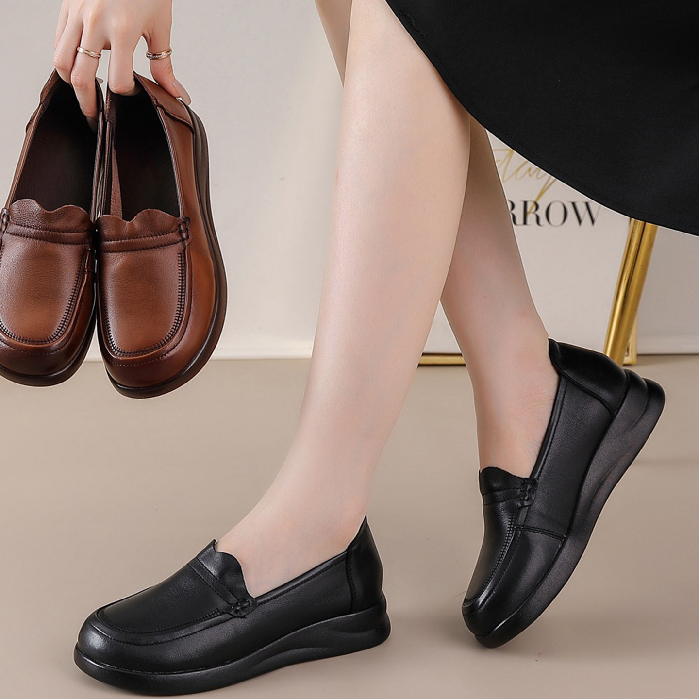 嘉俪多女欧美单鞋牛皮中口圆头平底乐福鞋牛筋2025新款秋季时尚,女鞋,乐福鞋（豆豆鞋）,淘宝优惠券,粉丝福利购,淘宝优惠卷