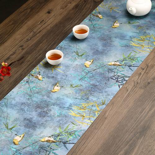 中式竹子花鸟双面防水桌旗茶席布