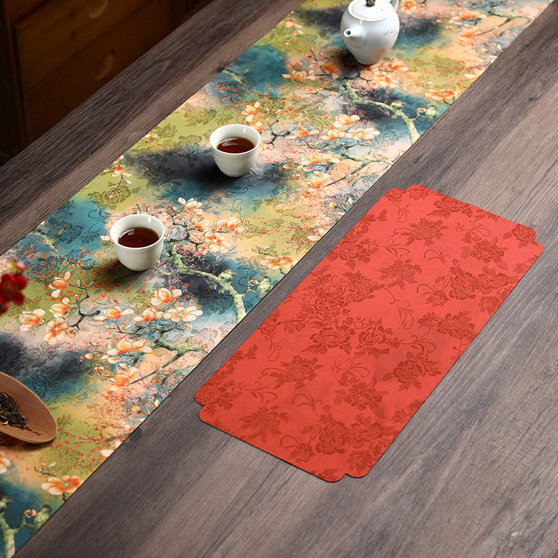 玉兰花织锦绸缎双面防水茶席中式喜庆红色桌旗长方形茶垫国风桌布