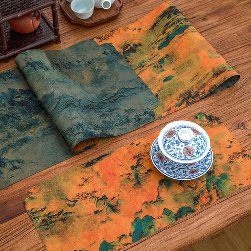 千里江山图双面防水隔热中式桌旗