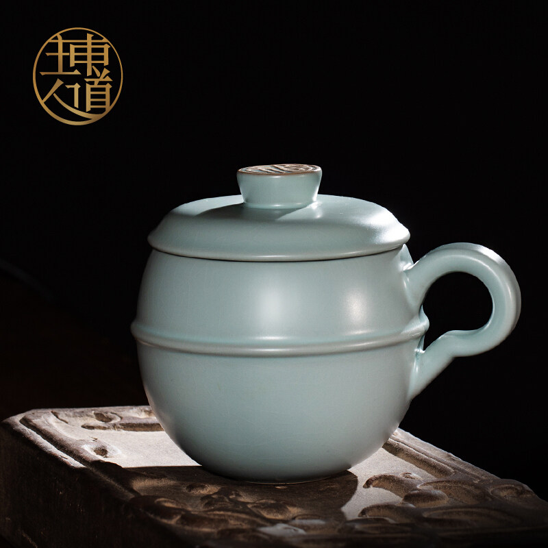 东道汝窑茶具茶杯可养开片带盖子个人杯马克杯福根自在杯-天青