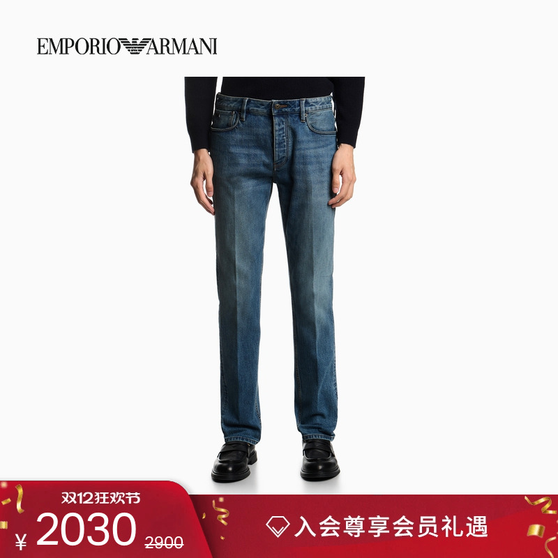 EMPORIO ARMANI/阿玛尼秋冬新款男士纯棉复古做旧低腰修身牛仔裤