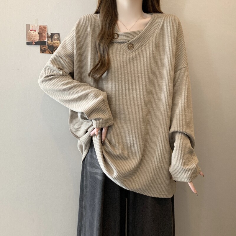 中长版V领长袖针织衫卫衣女春秋大尺码胖mm遮肚大版宽松慵懒风上