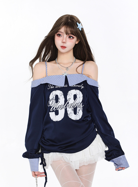 MJMT自制美式辣妹一字肩卫衣女秋季运动风时尚显瘦露肩绝美上衣