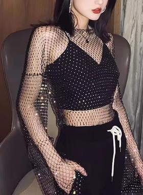 抖音网红渔网烫钻罩衫主播ins性感短款外搭上衣女镂空亮钻T恤长袖