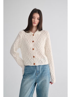 MAISON CECILE 重工镂空钩花翻领显比例针织长袖开衫