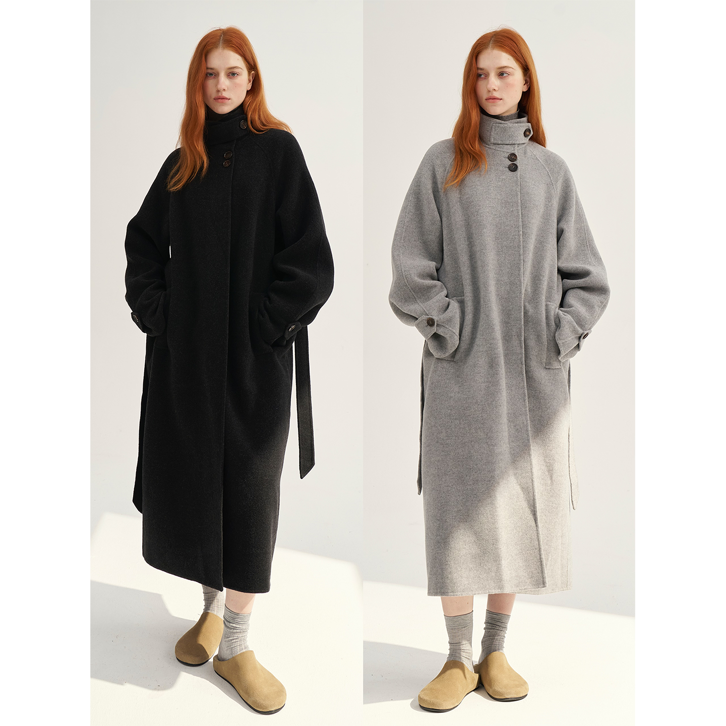 MAISON CECILE深灰/浅灰羊绒羊毛软糯蓬松感宽松立领大衣