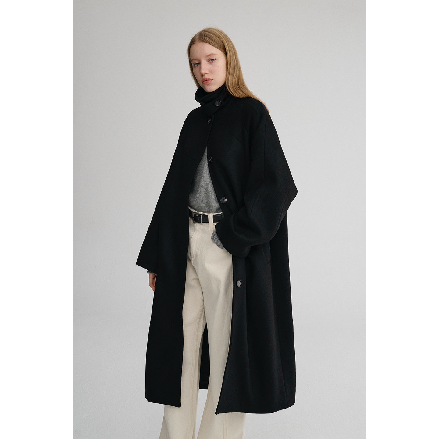 MAISON CECILE 高克重羊毛经典黑色廓形可立领长款毛呢大衣