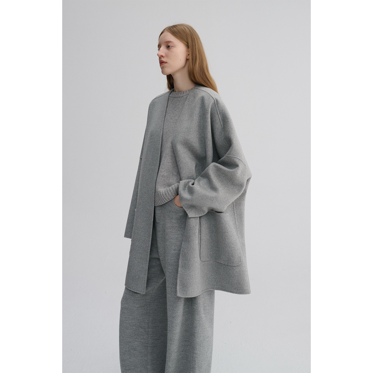 MAISON CECILE 真丝羊绒羊毛双面呢无领松弛慵懒中长款毛呢大衣