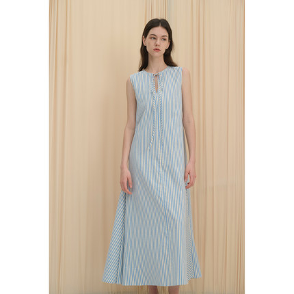 MAISON CECILE蓝白条纹系带拼接下摆无袖连衣裙