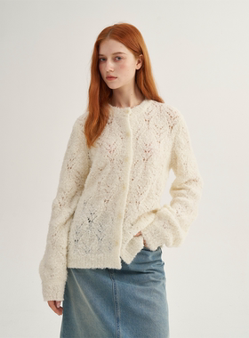 MAISON CECILE复古奶白色羊驼毛羊毛钩花针织开衫