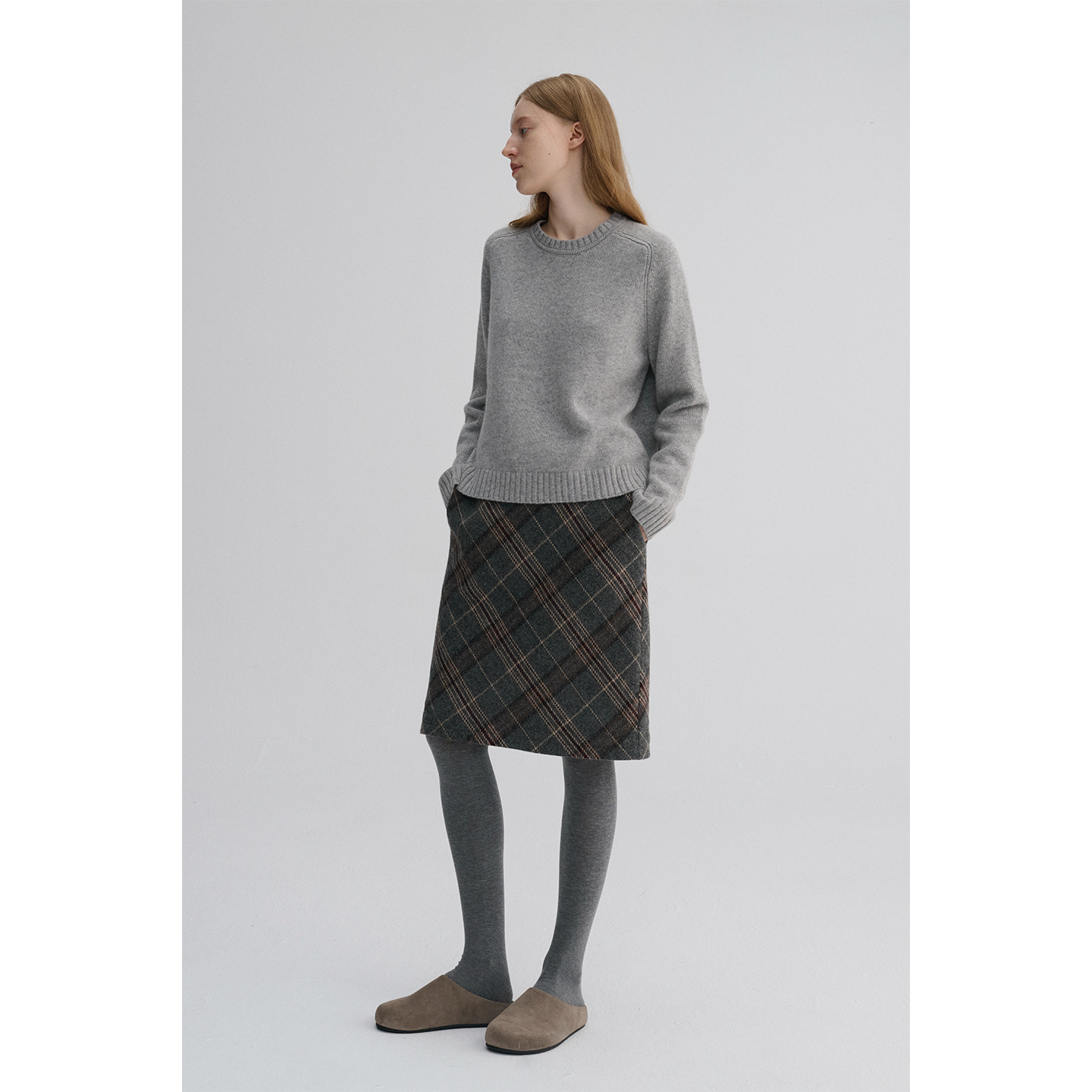 MAISON CECILE 秋冬羊毛混纺复古格纹百搭显瘦高腰微一字毛呢半裙