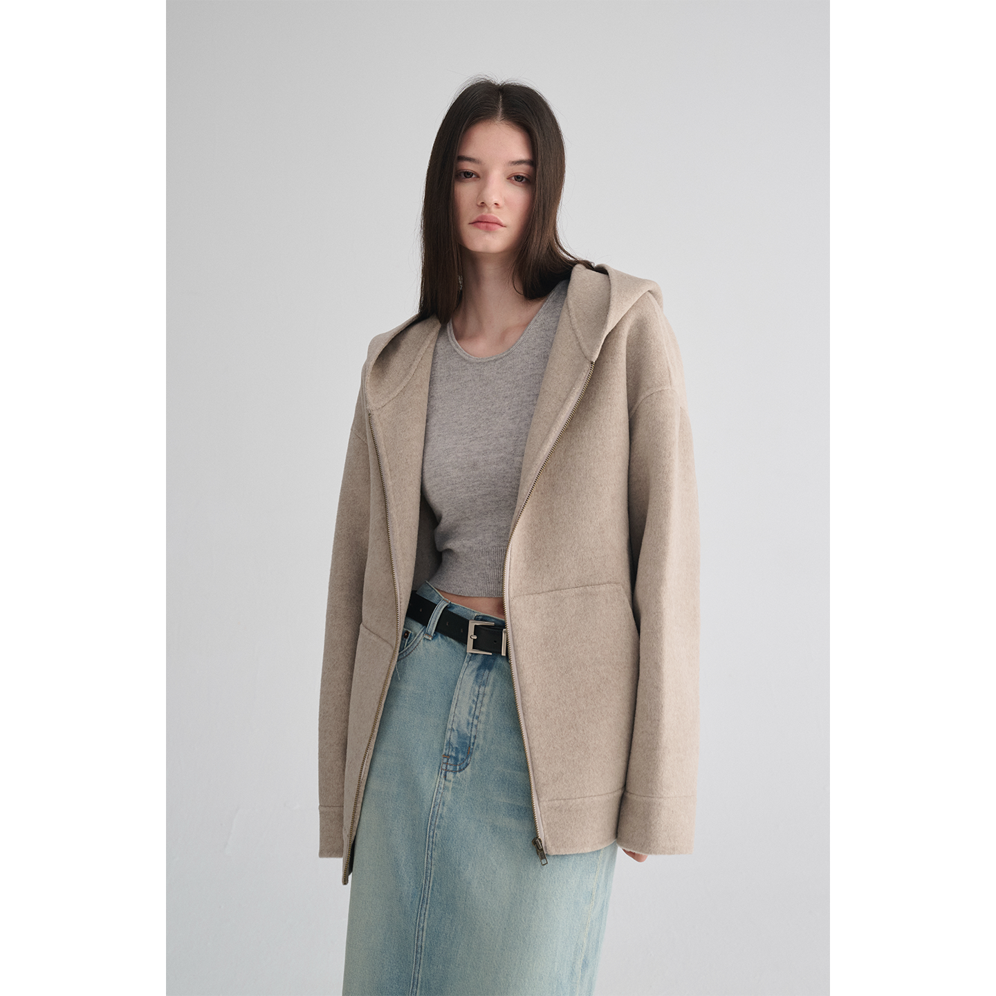 MAISON CECILE 羊毛羊驼毛手缝双面呢宽松极简廓形连帽卫衣外套