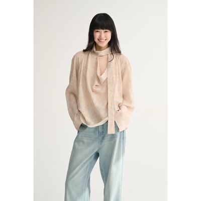 MAISON CECILE设计师印花桑蚕丝定染线条花朵优雅荡感飘带衬衫