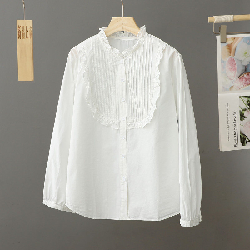 春季新款文艺立领木耳花边纯棉白衬衫女士长袖学生百搭打底衫衬衣