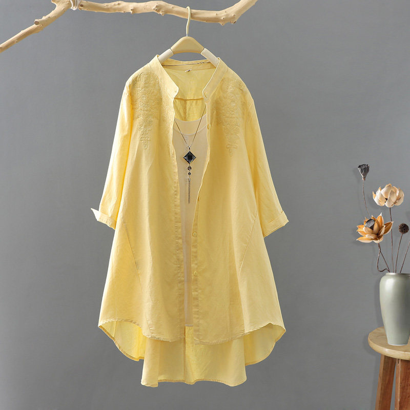 复古文艺民族风棉麻长袖衬衫女中长款立领a字下摆衬衣亚麻上衣女