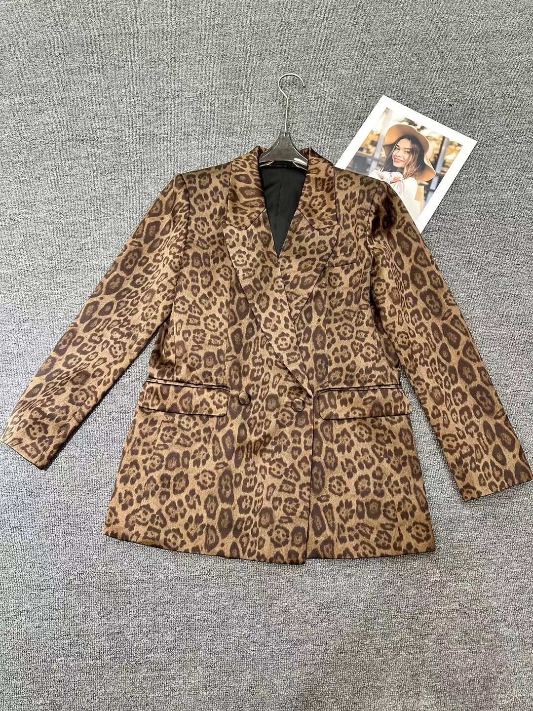欧洲站醋酸豹纹西装外套女2025春季新款宽松百搭长袖休闲西服外套