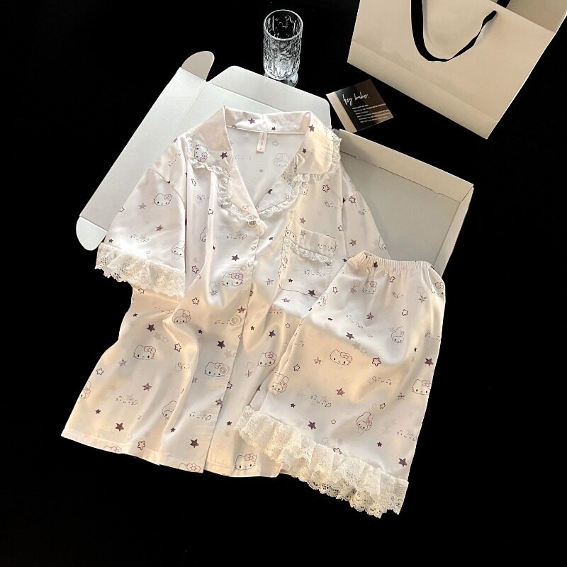 冰丝绸睡衣女夏季薄款短袖甜美可爱卡通日系慵懒风家居服两件套装