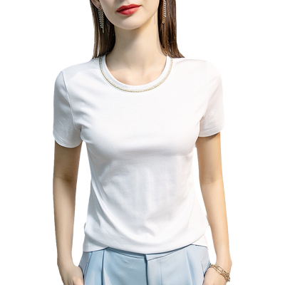 2026春季新款丝光棉T恤女设计感短袖钉珠纯色春款女人味上衣半袖