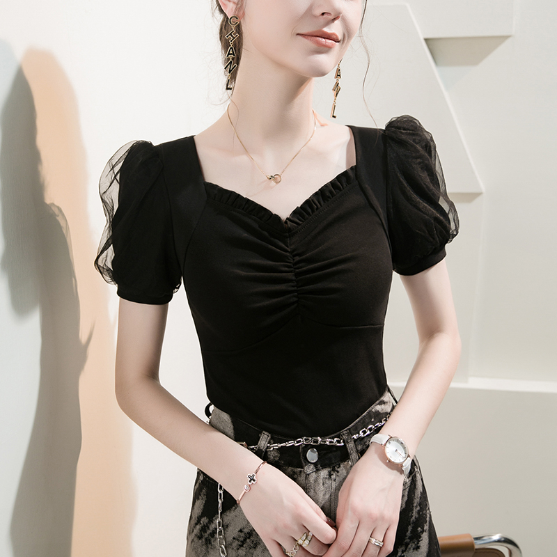 鸡心领T恤女短袖夏装修身