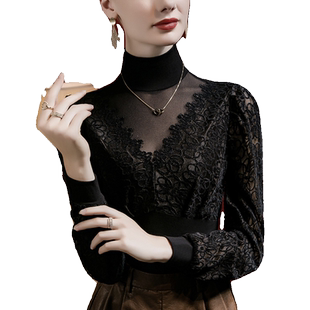 2025秋季新款高领泡泡袖蕾丝上衣女修身网纱拼接淑女气质冬季小衫