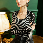 条纹长袖 2026春季 女修身 方领蕾丝打底衫 复古洋气上衣欧洲站 新款