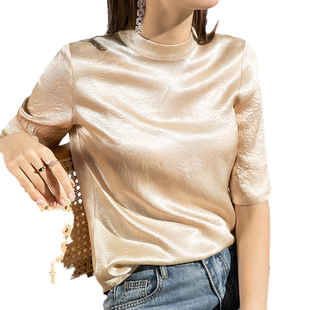 2025秋季新款醋酸丝绸亮面上衣女五分袖春款纯色气质宽松洋气小衫