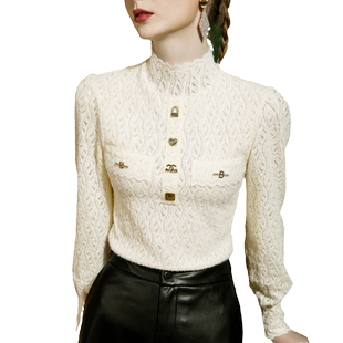 2026秋季新款立领蕾丝打底衫女泡泡袖修身钉珠洋气长袖小衫秋冬