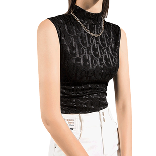 2025秋季新款立领蕾丝打底背心女修身字母欧洲站黑色春秋无袖衫