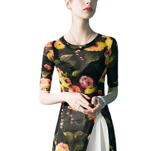 2026春款新款印花网纱T恤女中长款设计感五分袖上衣春季中袖小衫