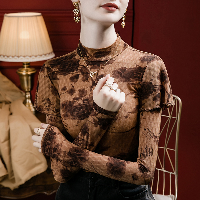 立领印花洋气立领打底衫女修身