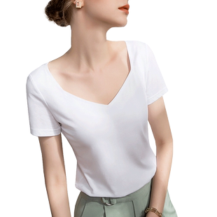 法式方领夏装上衣女短袖棉tT恤女修身白色纯色体恤2025夏季新款