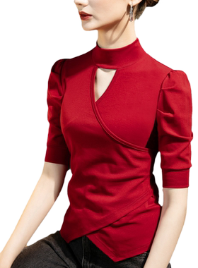 立领纯棉T恤女镂空洋气