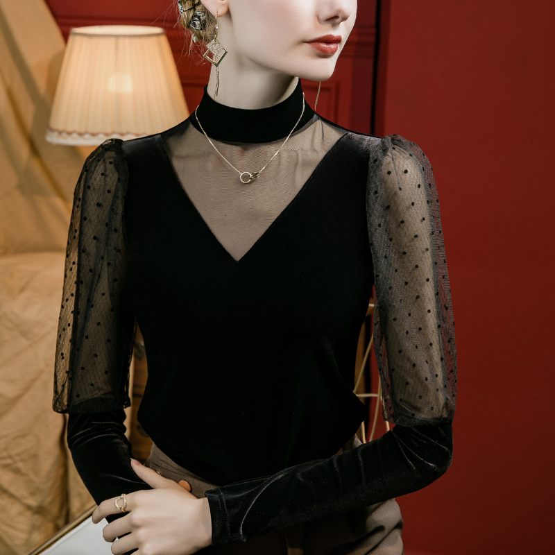 丝绒泡泡袖网纱拼接洋气打底衫女