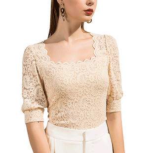 2026春夏复古方领蕾丝打底衫女中袖修身春秋内搭灯笼袖洋气小衫