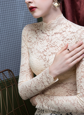 2026秋季立领蕾丝打底衫女网纱修身秋冬高领洋气小衫女装加绒上衣