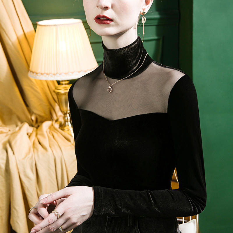 金丝绒半高领打底衫女洋气