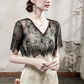 新款 外搭透视短袖 V领蕾丝衫 2026秋季 女半袖 宽松短款 眼睫毛罩衫
