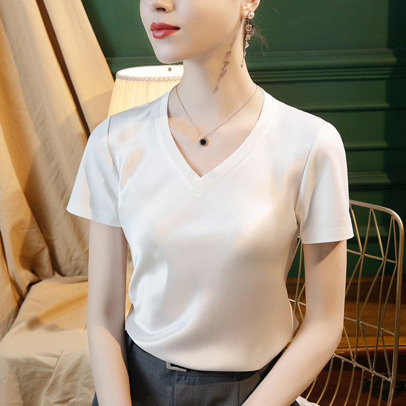 醋酸亮面白色T恤女宽松洋气