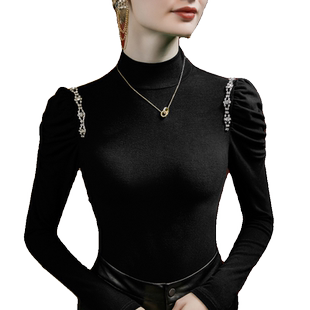 2026春季新款半高领磨毛泡泡袖打底衫女重工装饰洋气纯色春秋小衫