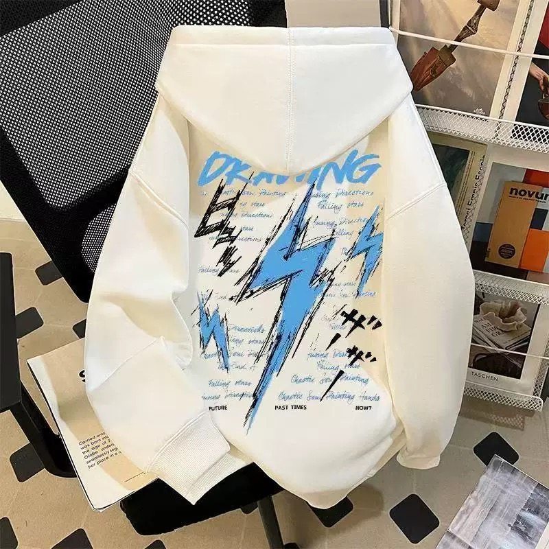 美式复古潮牌闪电字母印花连帽卫衣男女童秋冬季宽松加绒外套潮
